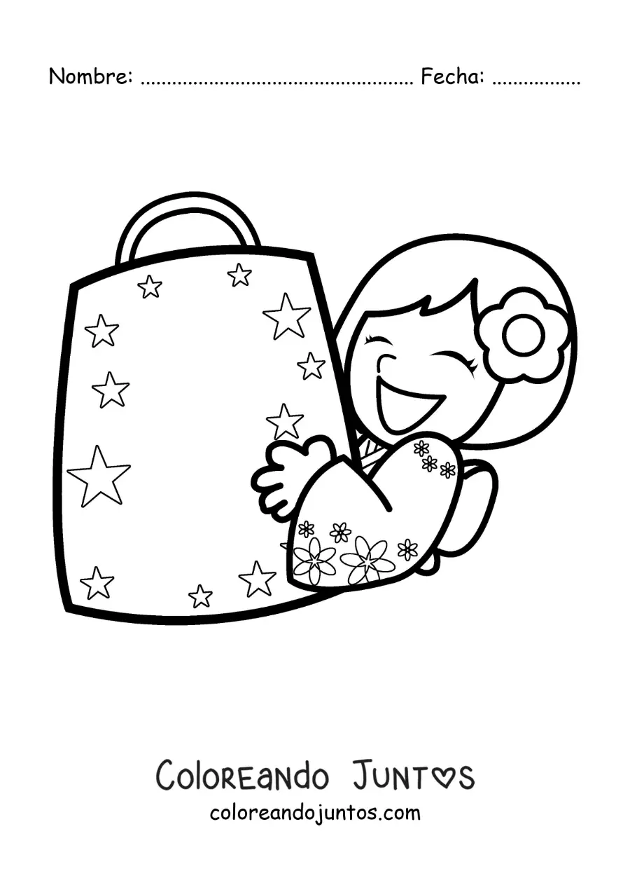 Imagen para colorear de una chica japonesa feliz con su bolsa de compras
