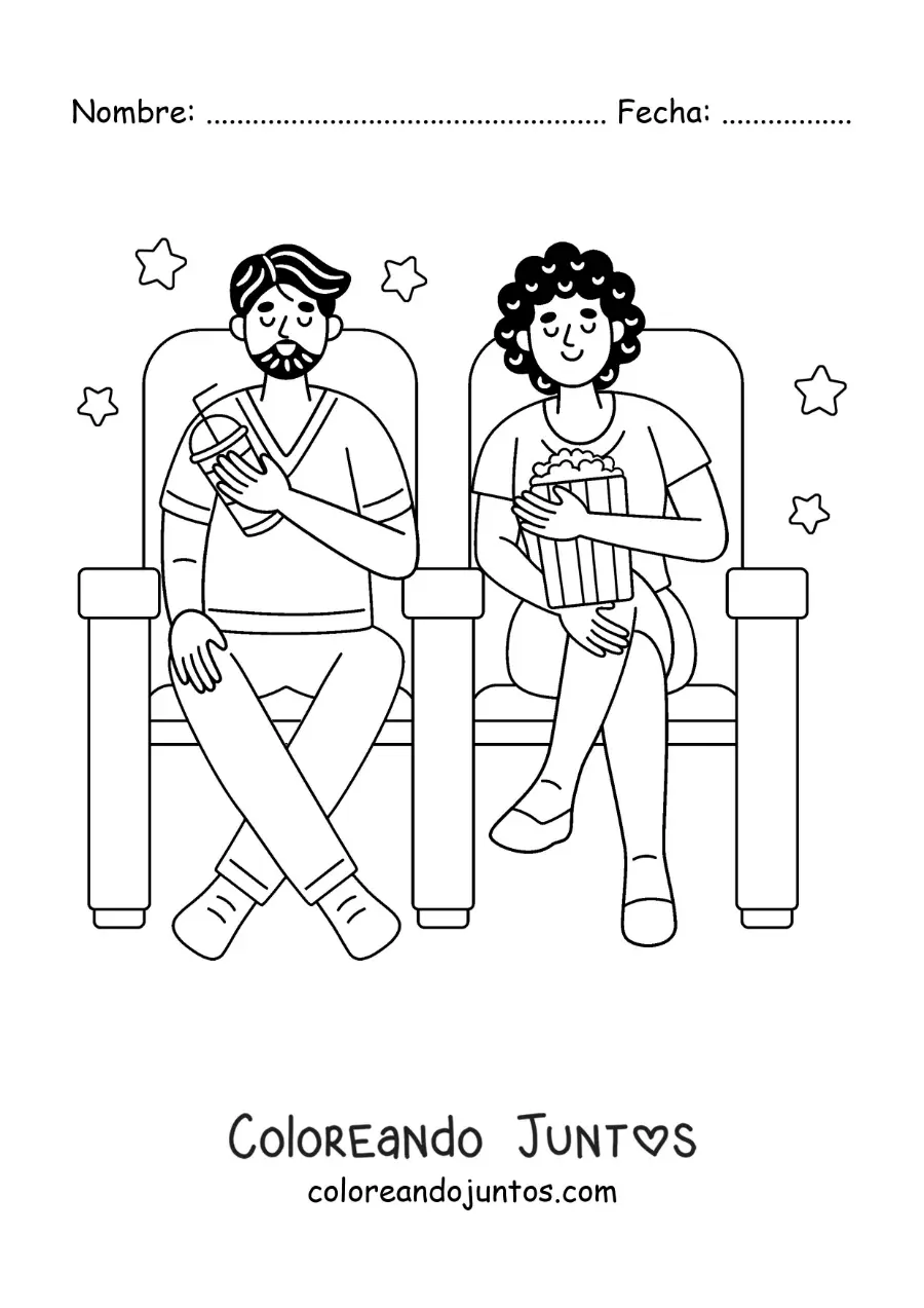 Imagen para colorear de una chica y un chico con palomitas en el cine