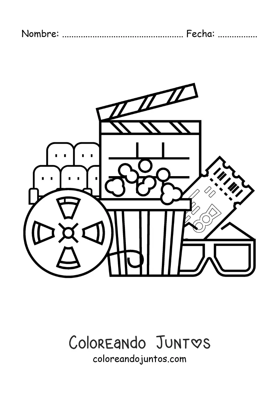 Imagen para colorear de palomitas, lentes una entrada y otros elementos de cine