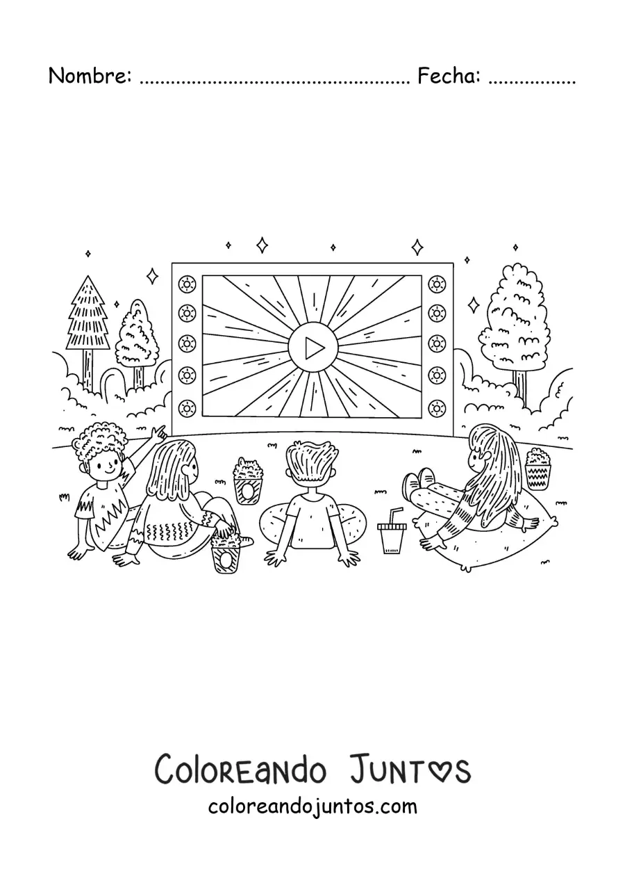 Imagen para colorear de niños viendo una proyección al aire libre