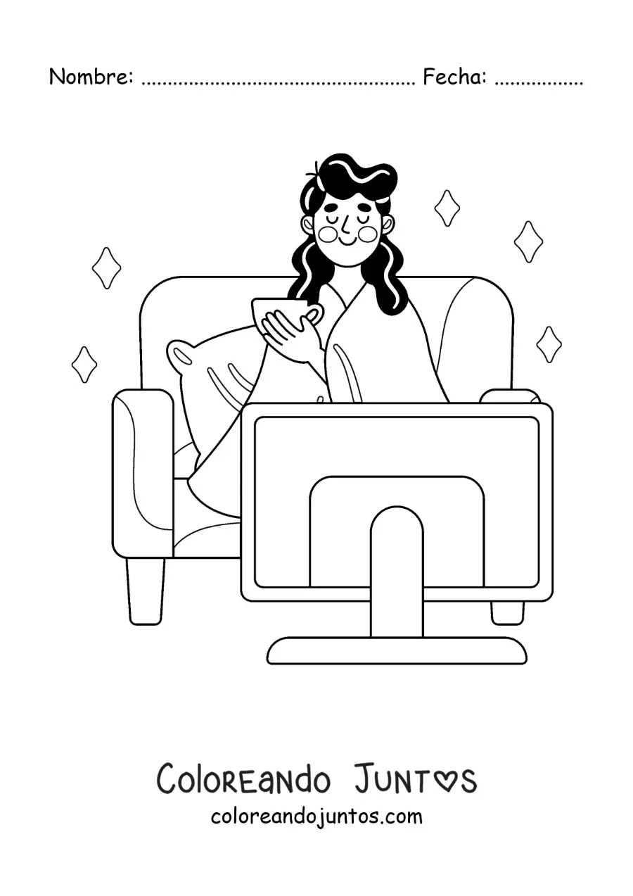 Imagen para colorear de una chica con una manta viendo películas en casa