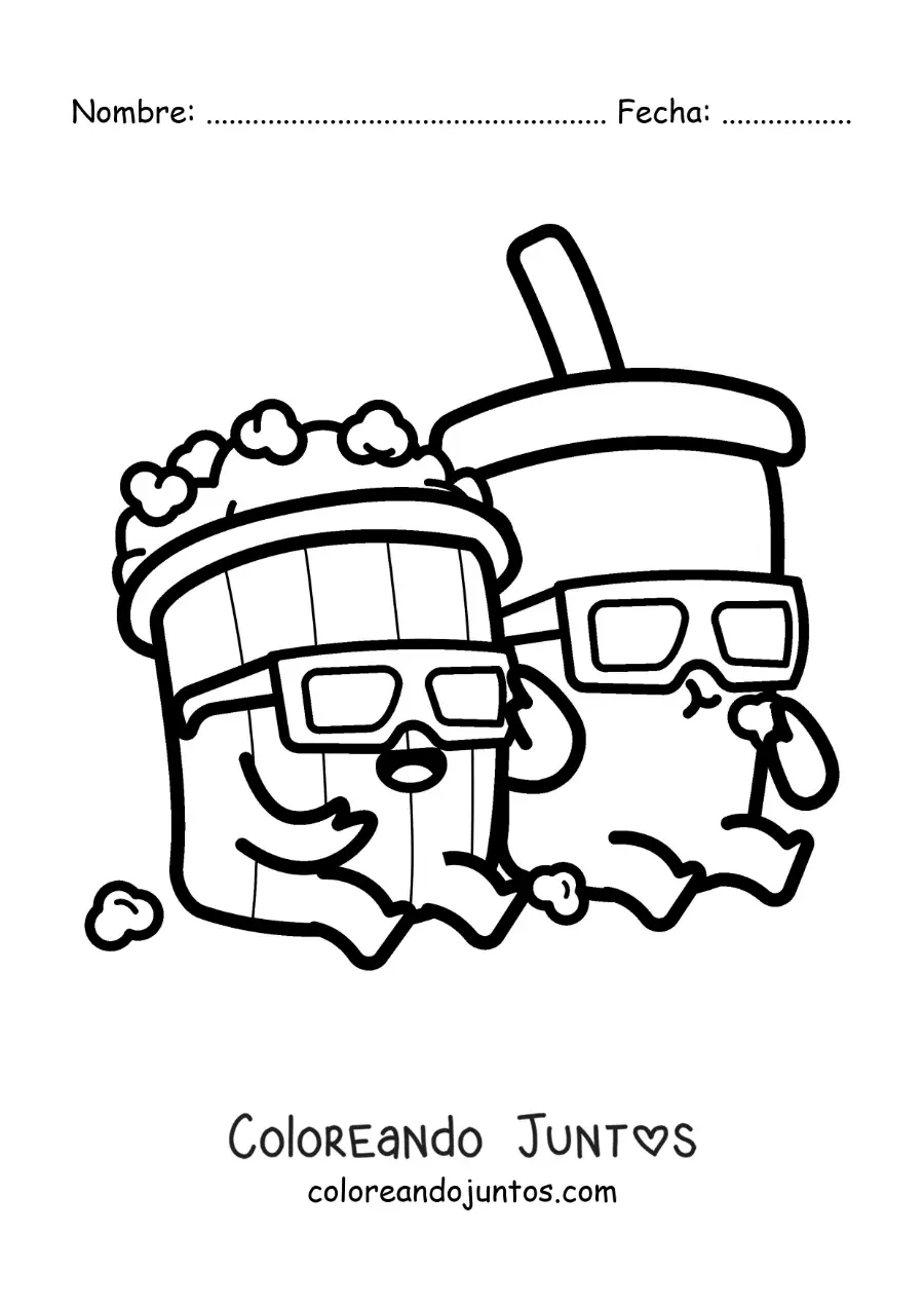 Imagen para colorear de palomitas de maíz y soda del cine animados kawaii