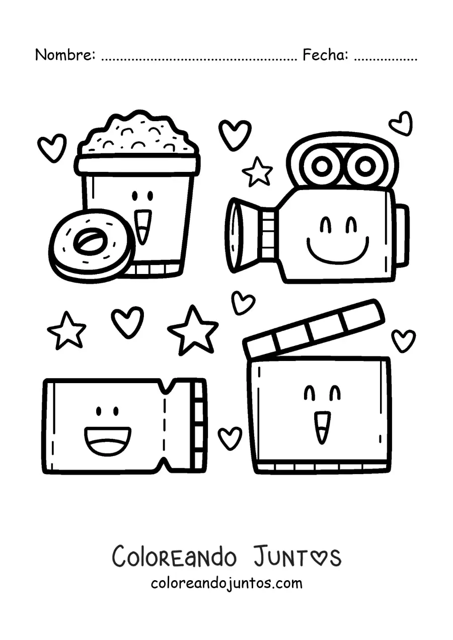 Imagen para colorear de proyector, cámara, palomitas y otros elementos de cine animados