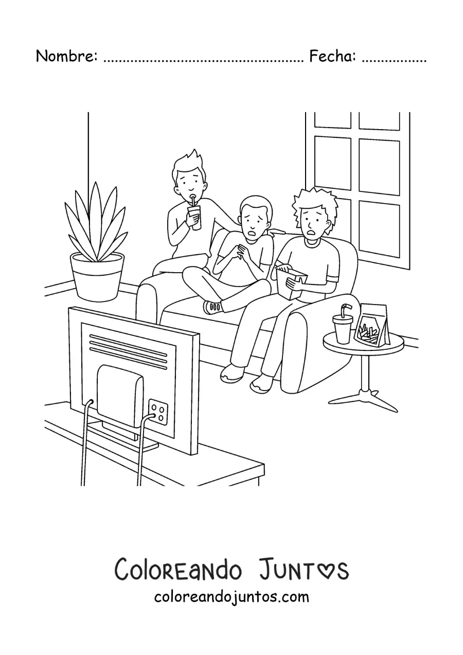 Imagen para colorear de tres chicos viendo una película de terror en casa