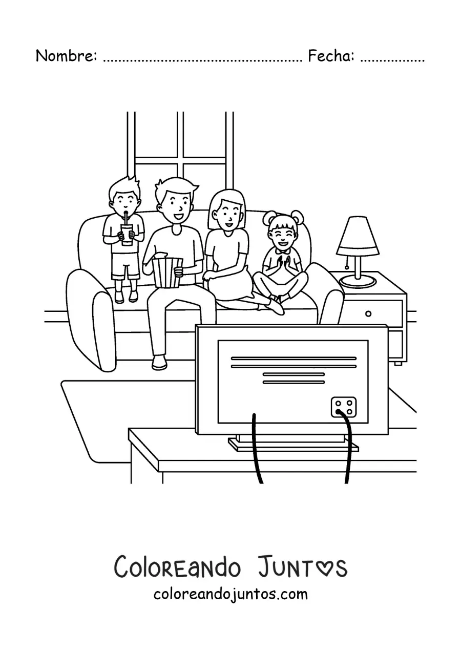 Imagen para colorear de una familia con niños viendo una película en casa
