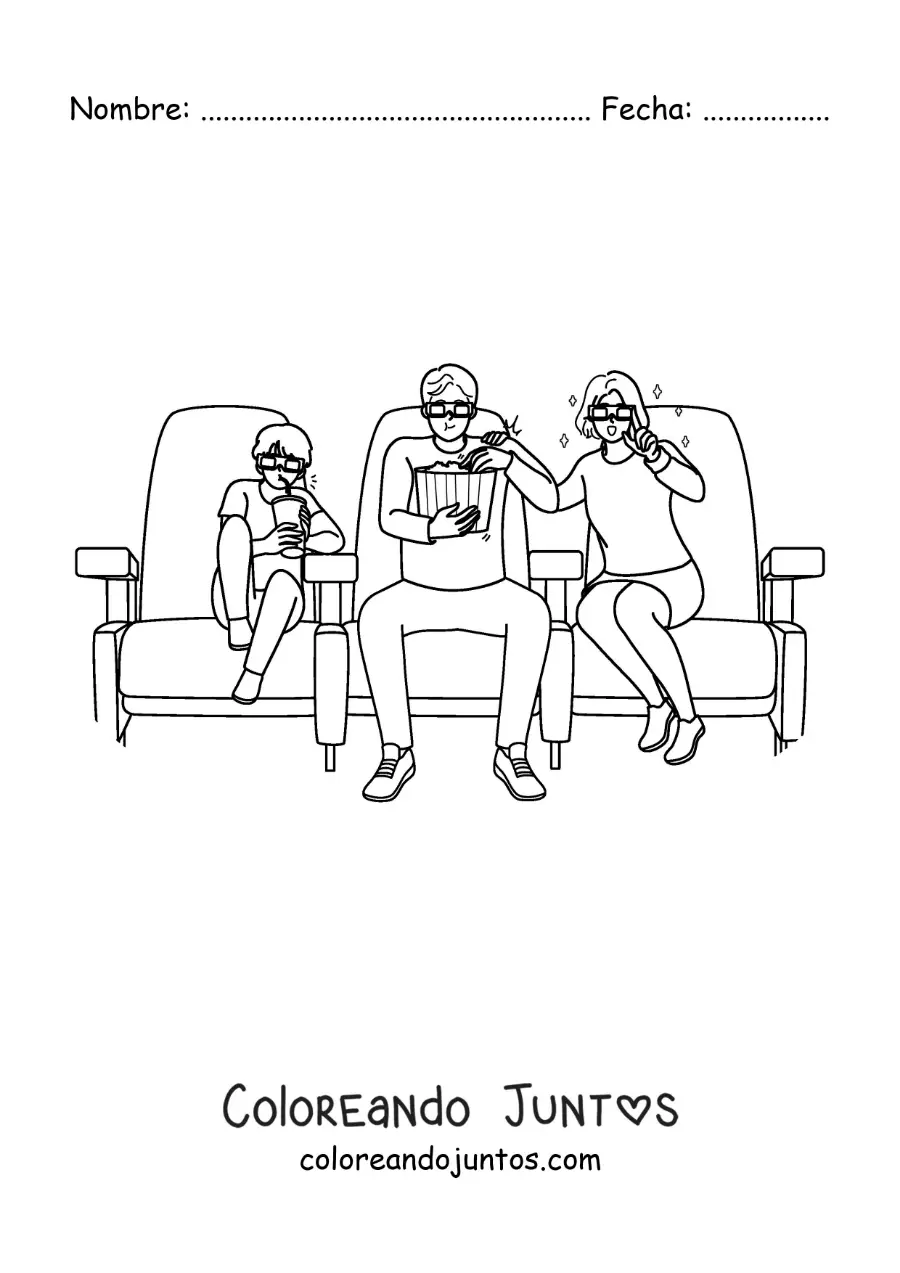 Imagen para colorear de mamá, papá e hijo viendo una película en el cine
