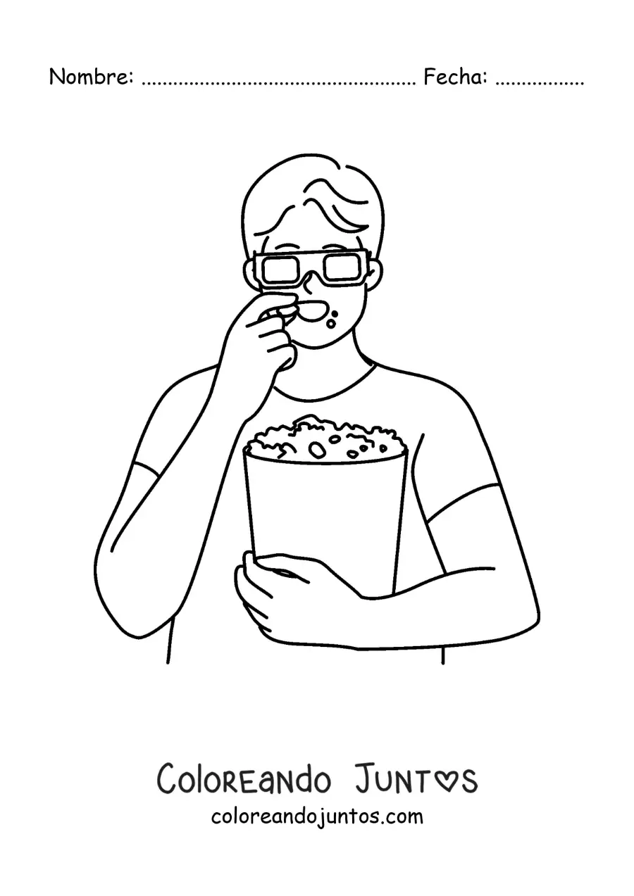 Imagen para colorear de un chico con gafas 3d comiendo palomitas