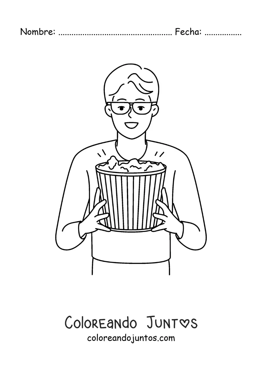 Imagen para colorear de un chico con palomitas de cine