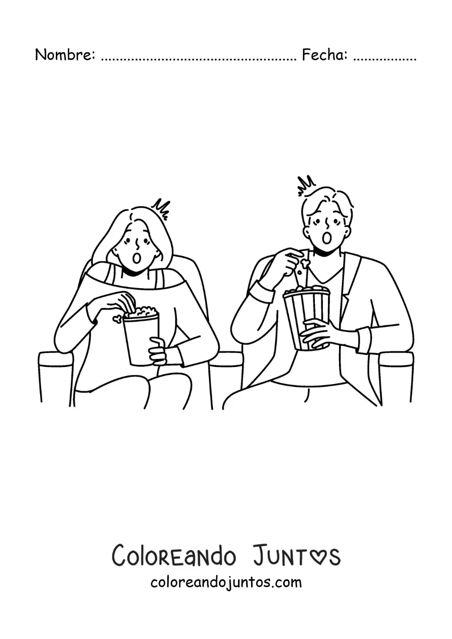 Imagen para colorear de una pareja viendo una película de terror en el cine