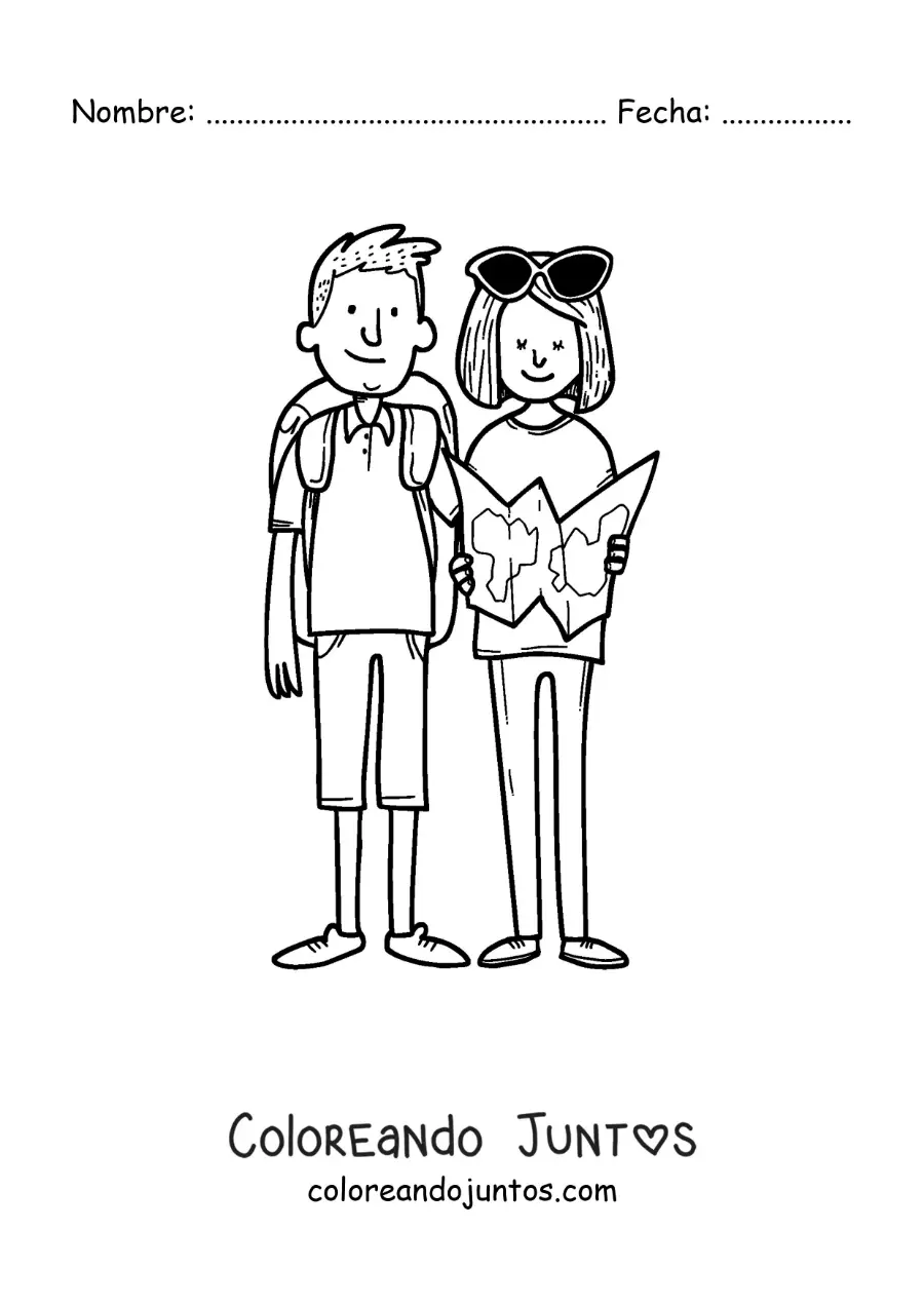 Imagen para colorear de una pareja de mochileros leyendo un mapa