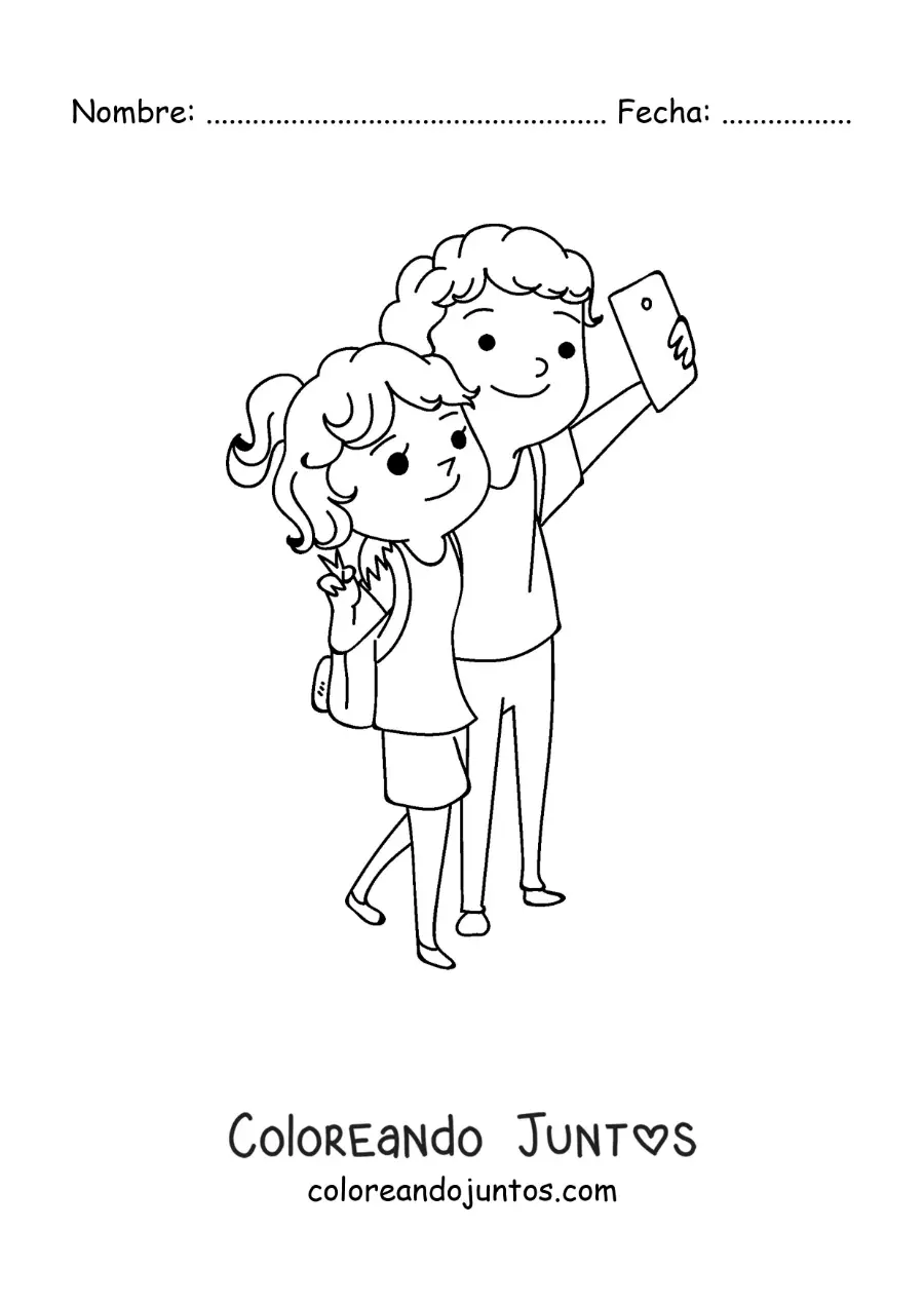 Imagen para colorear de una pareja kawaii de mochileros tomando una selfie