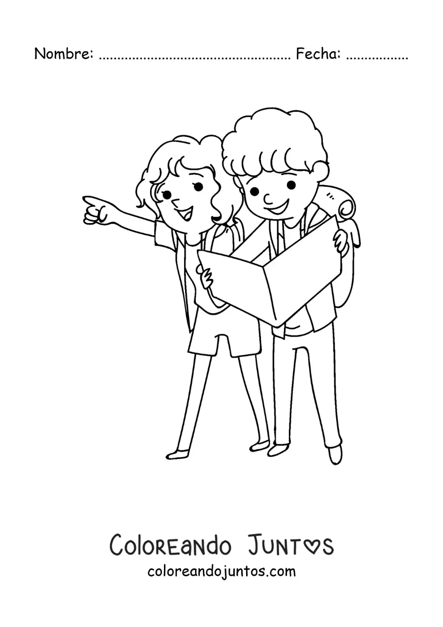 Imagen para colorear de una pareja kawaii de mochileros leyendo un mapa