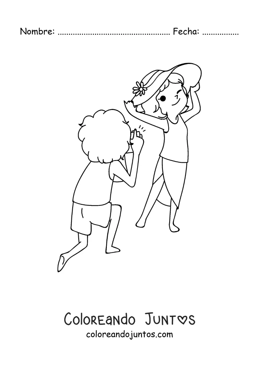 Imagen para colorear de una pareja kawaii de turistas tomando fotos en la playa