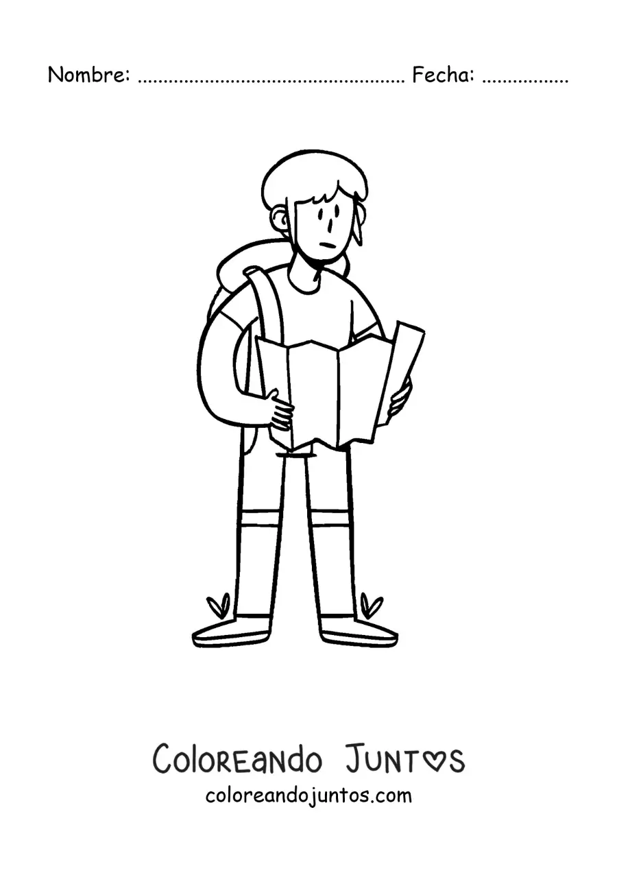 Imagen para colorear de una caricatura de un mochilero leyendo un mapa