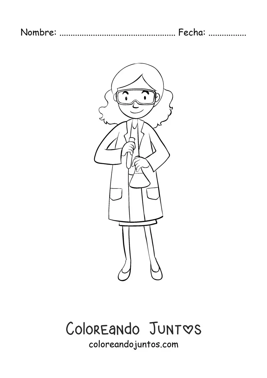 Imagen para colorear de una mujer científico sujetando un experimento