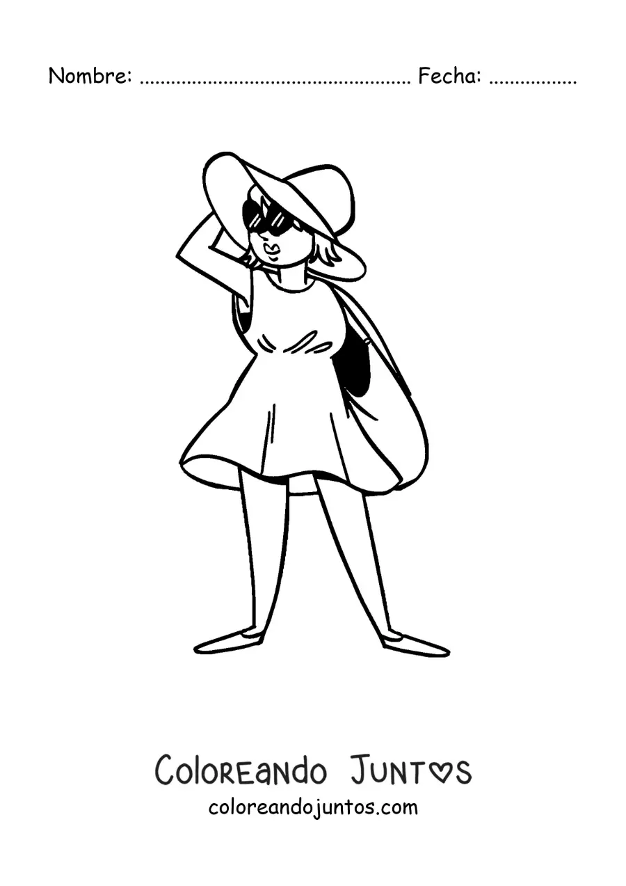 Imagen para colorear de una caricatura de una chica turista en la playa con lentes de sol