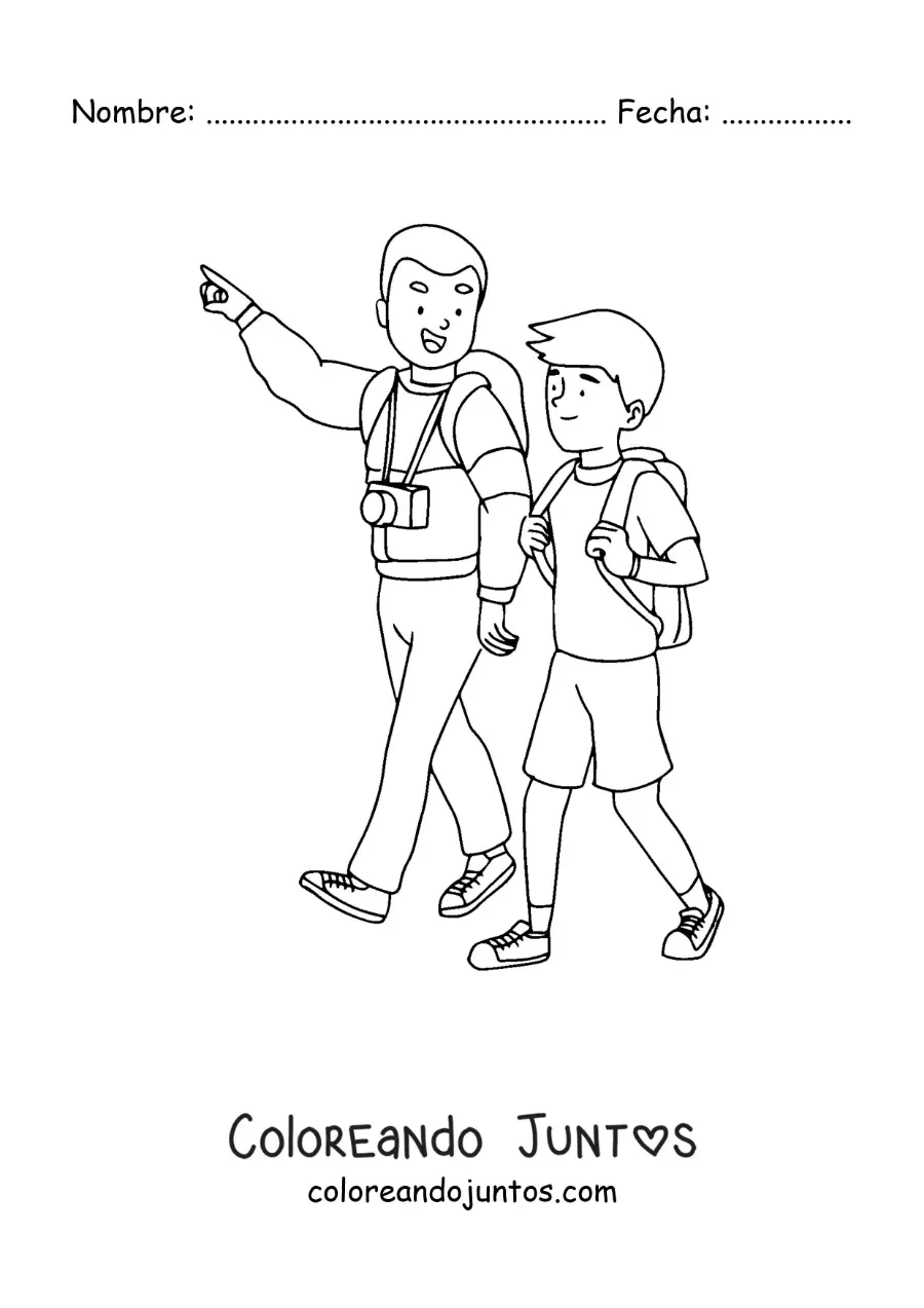 Imagen para colorear de un papá turista caminando con su hijo