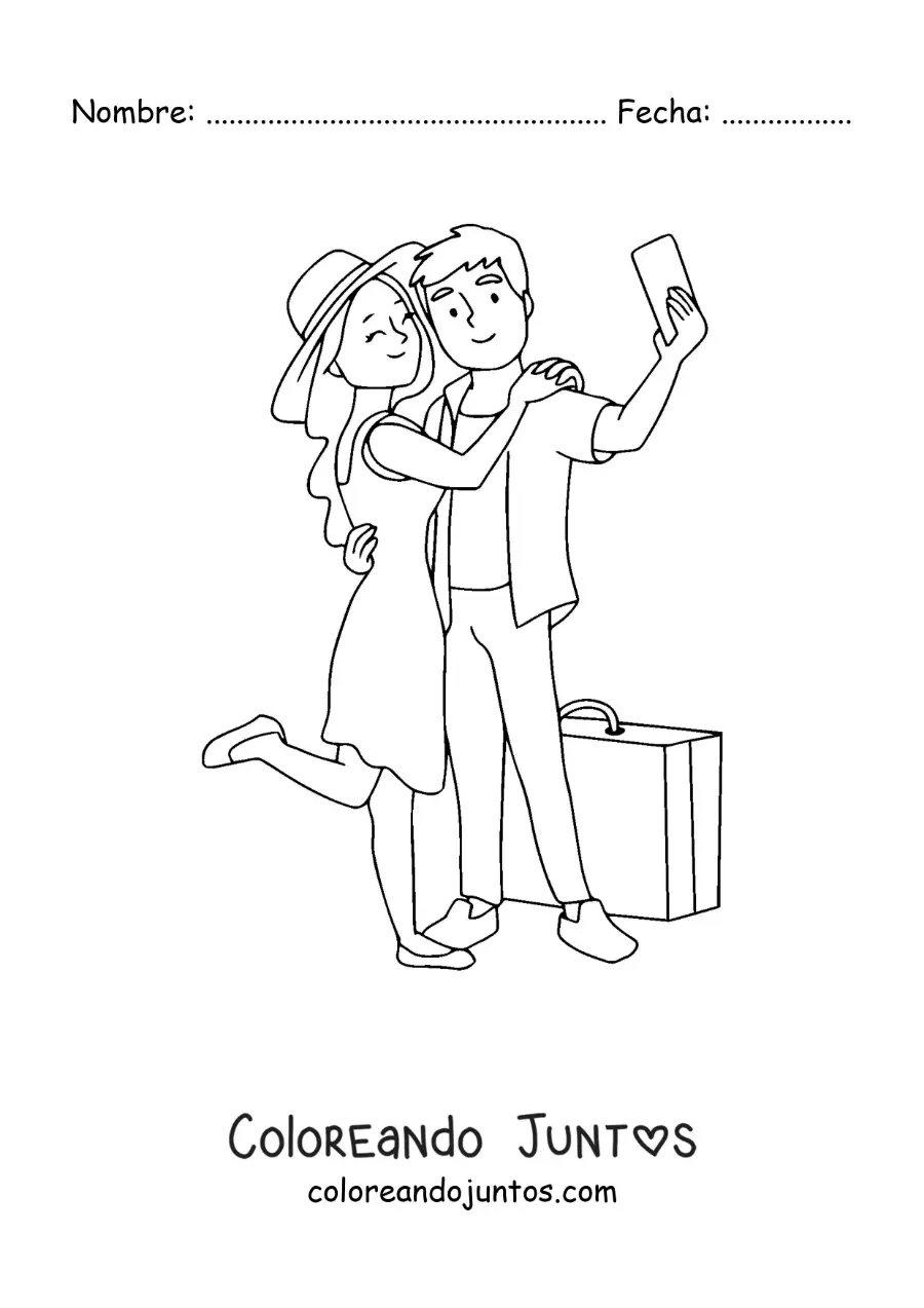 Imagen para colorear de una pareja de turistas tomando una selfie