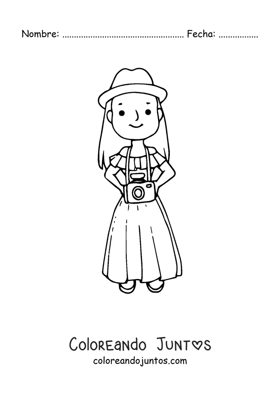 Imagen para colorear de una turista con su cámara y un sombrero