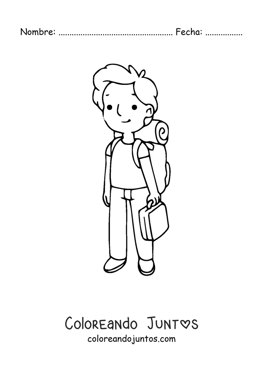 Imagen para colorear de un chico con mochila de acampar