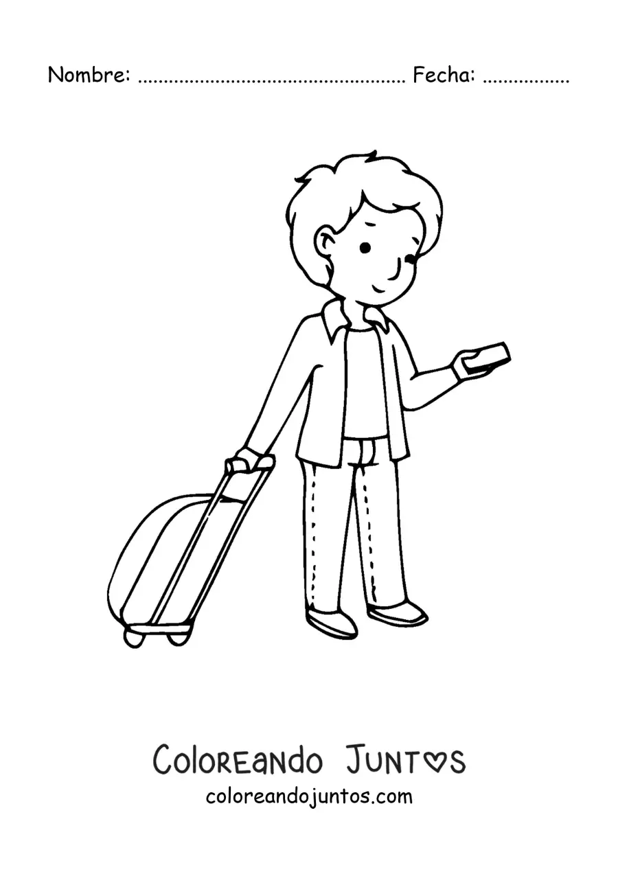 Imagen para colorear de un chico con maleta viendo su teléfono