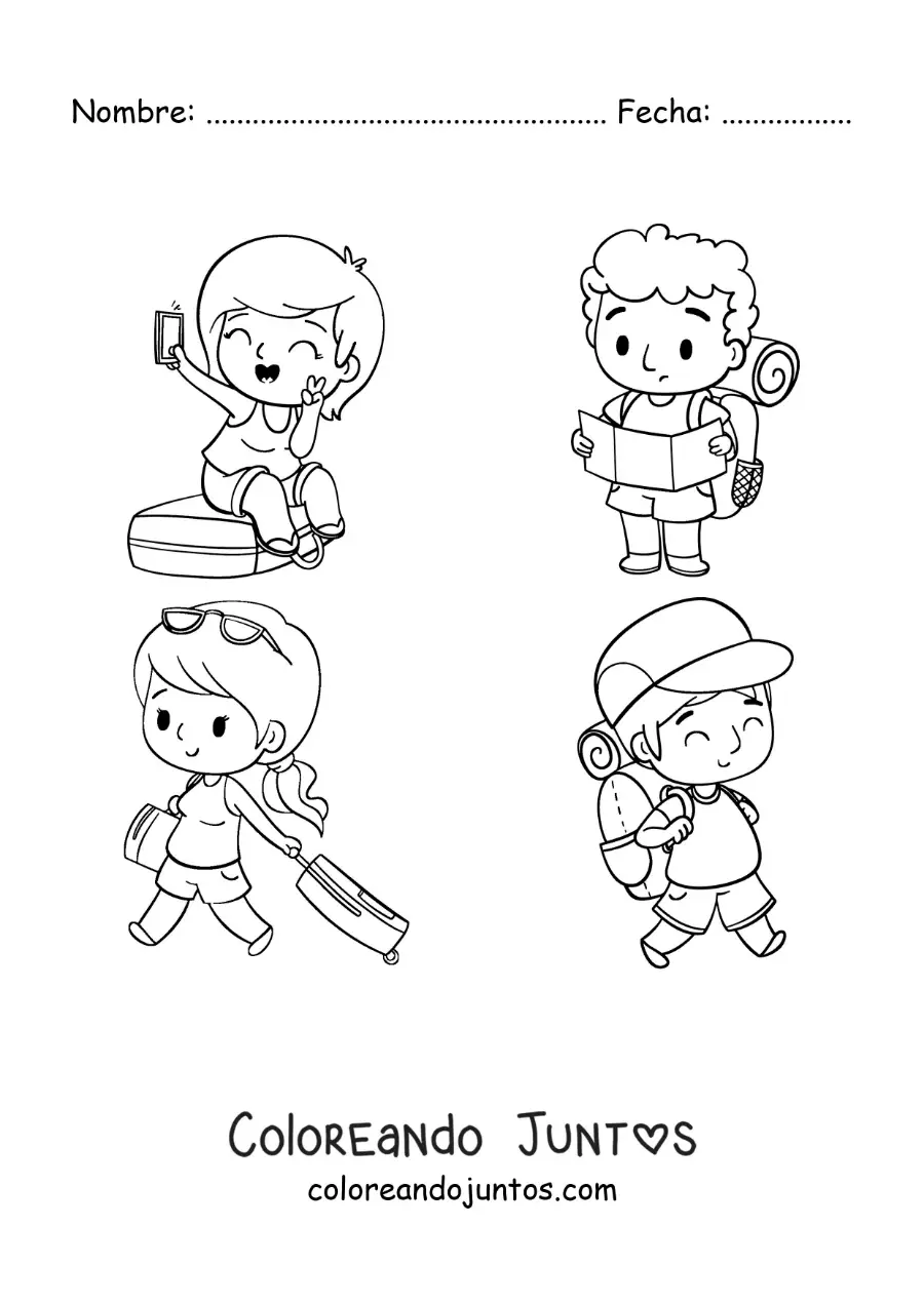 Imagen para colorear de turistas kawaii con su equipaje