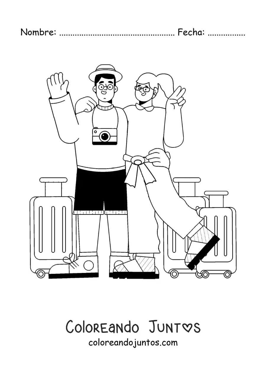 Imagen para colorear de una pareja de viajeros con su equipaje y su cámara