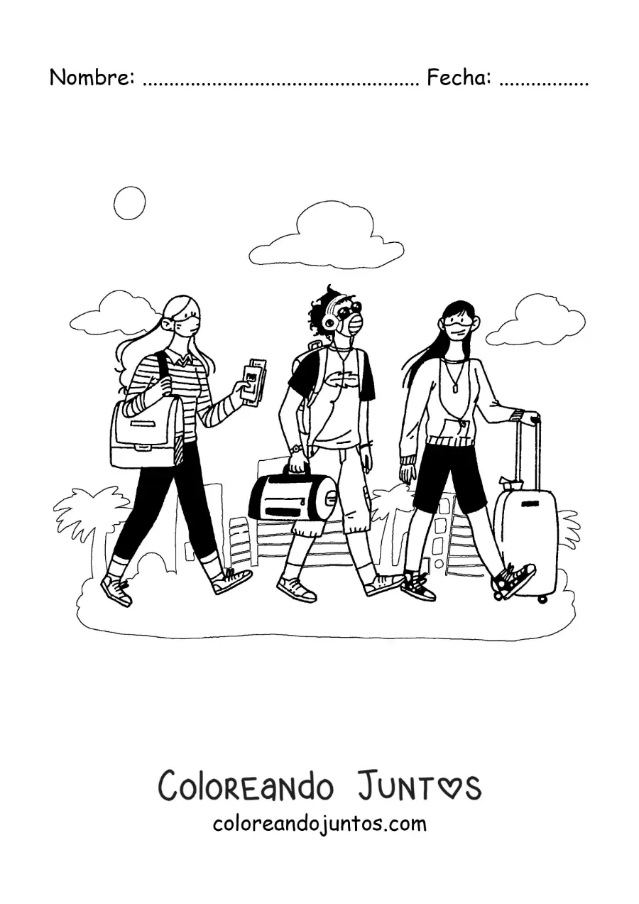 Imagen para colorear de un grupo de jóvenes con maletas viajando en la pandemia