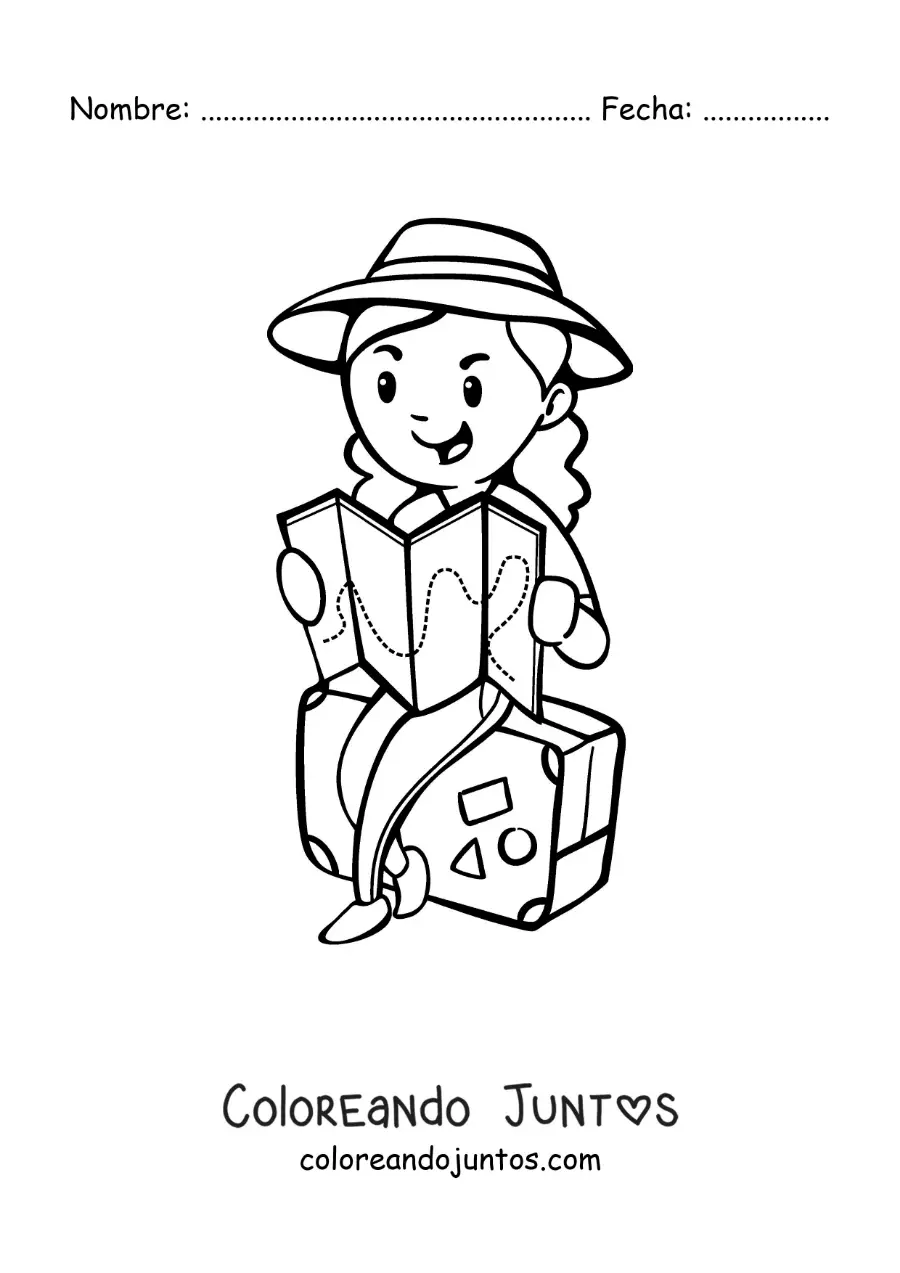 Imagen para colorear de una turista sentada en su maleta leyendo un mapa