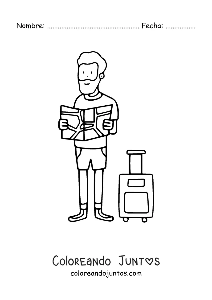 Imagen para colorear de un turista junto a su maleta leyendo un mapa