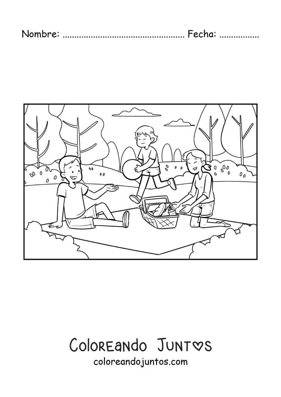 Imagen para colorear de una niña y sus padres en un pícnic en el parque