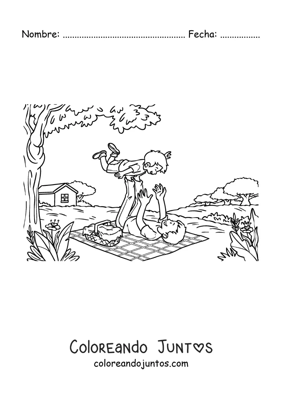 Imagen para colorear de un padre alzando a su hijo en un pícnic en la naturaleza