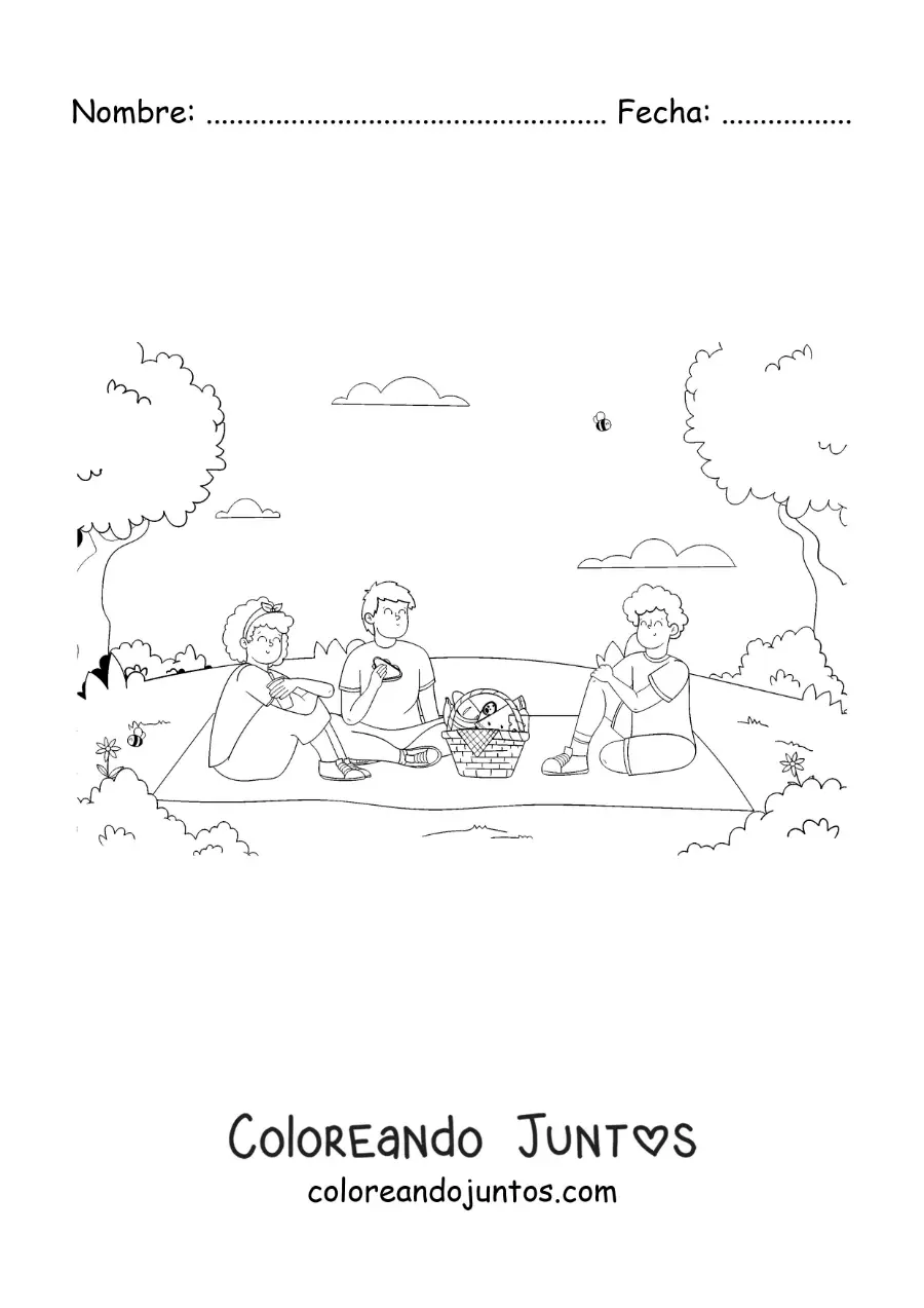Imagen para colorear de tres amigos en un pícnic en el parque