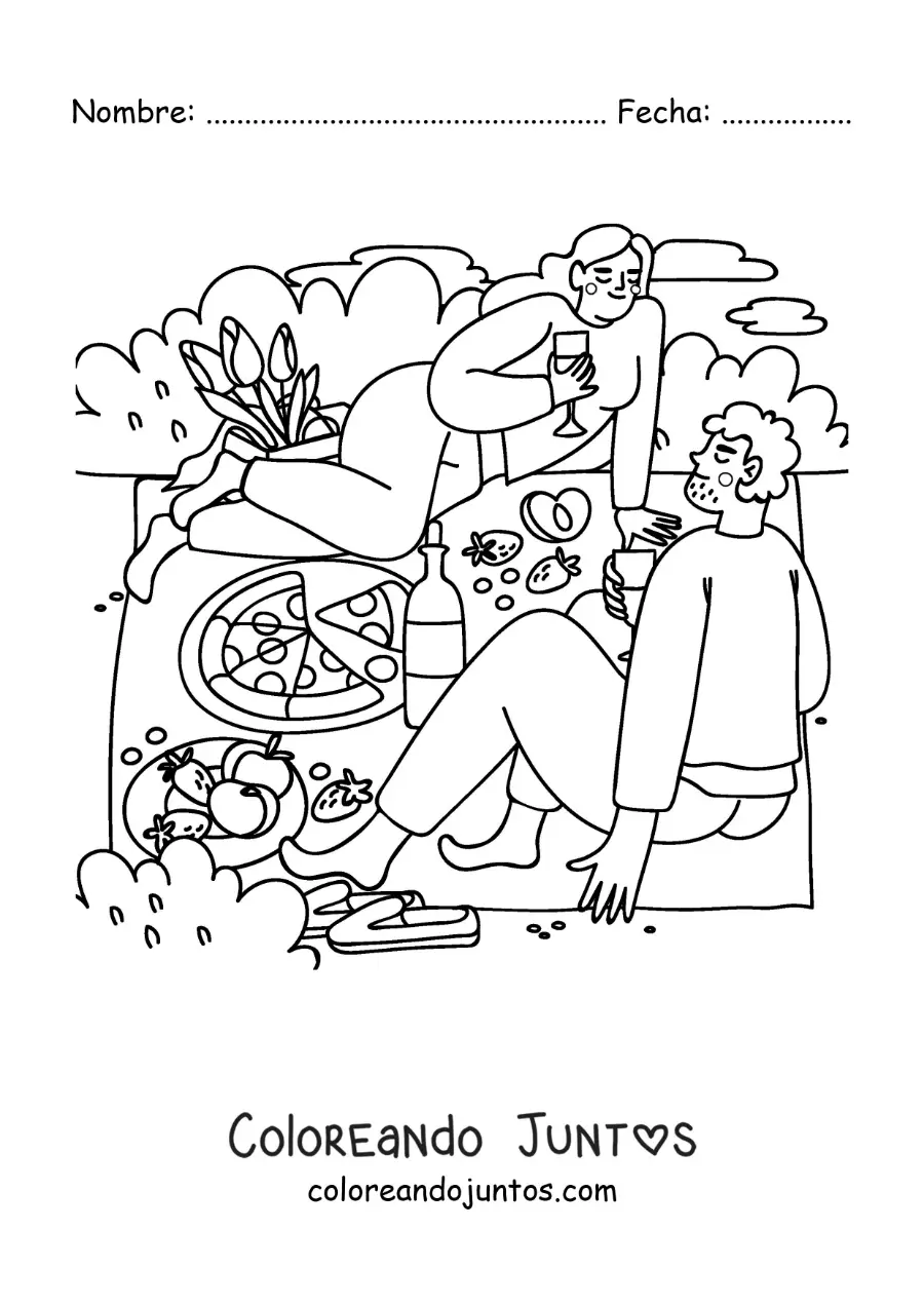 Imagen para colorear de una pareja en un pícnic comiendo pizza