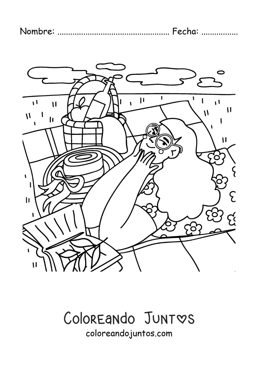 Imagen para colorear de una chica leyendo en un pícnic