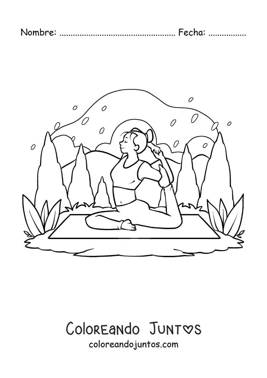 Imagen para colorear de una chica practicando yoga en la naturaleza