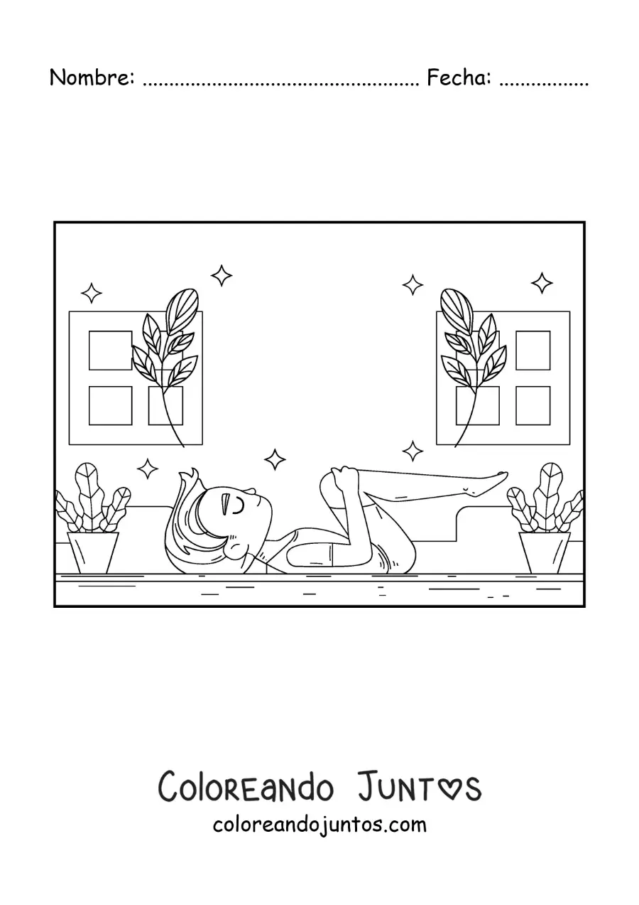 Imagen para colorear de un chico practicando yoga en su casa