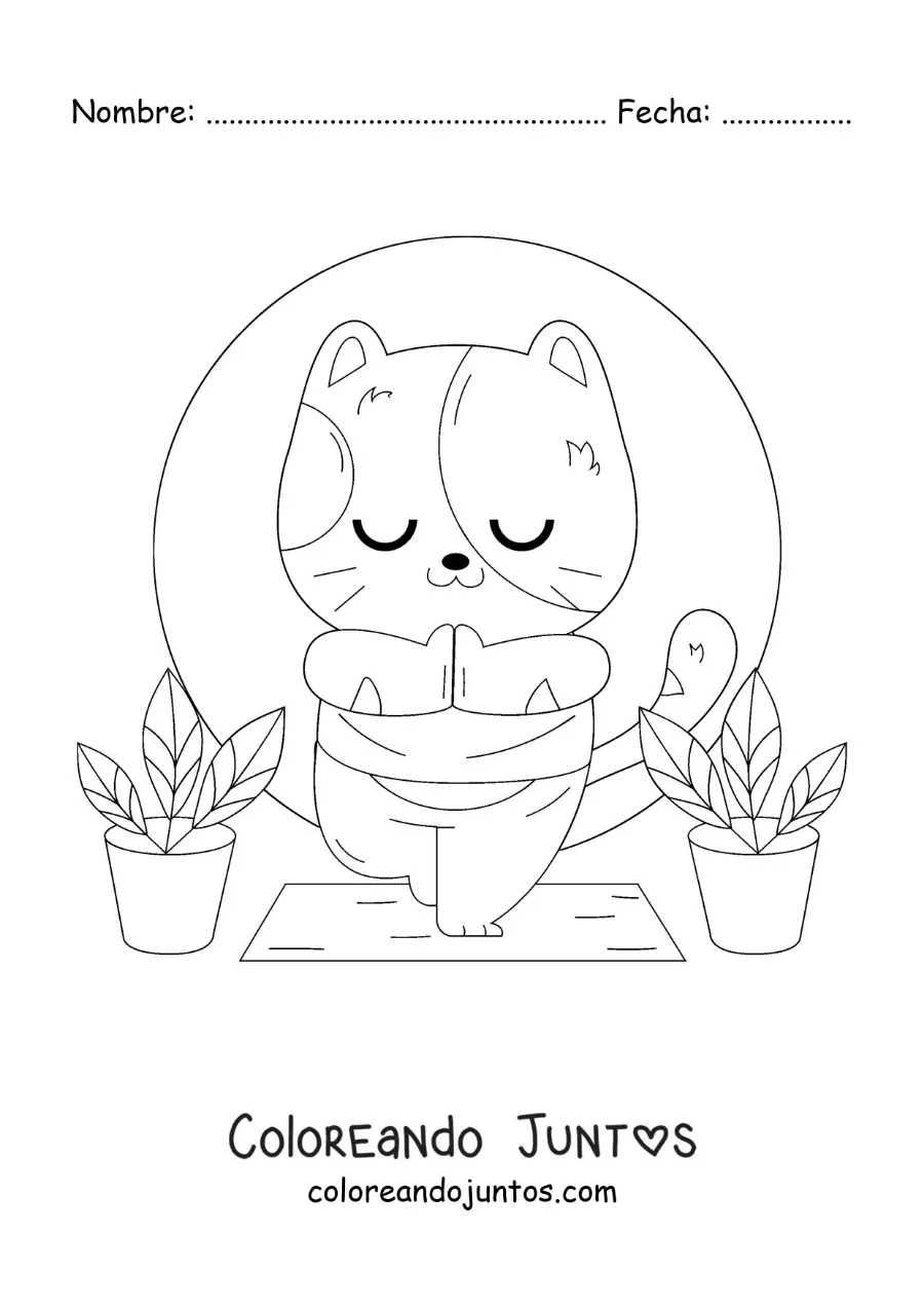 Imagen para colorear de un gato animado practicando yoga en la postura del árbol