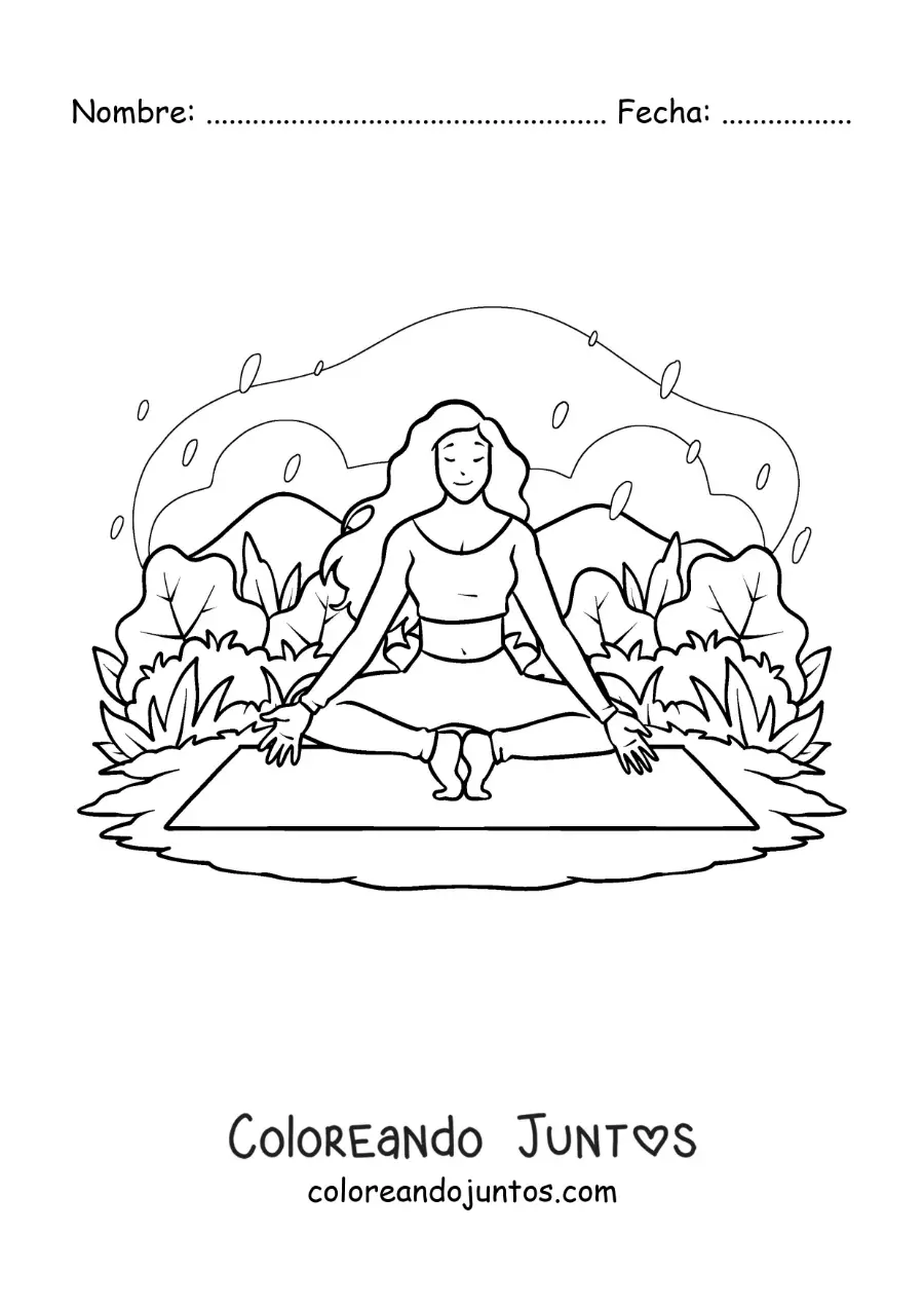 Imagen para colorear de una chica meditando en un mat de yoga en el parque