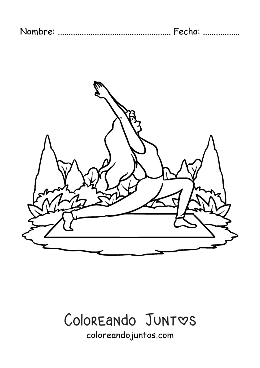 Imagen para colorear de una chica practicando yoga en un mat en el parque