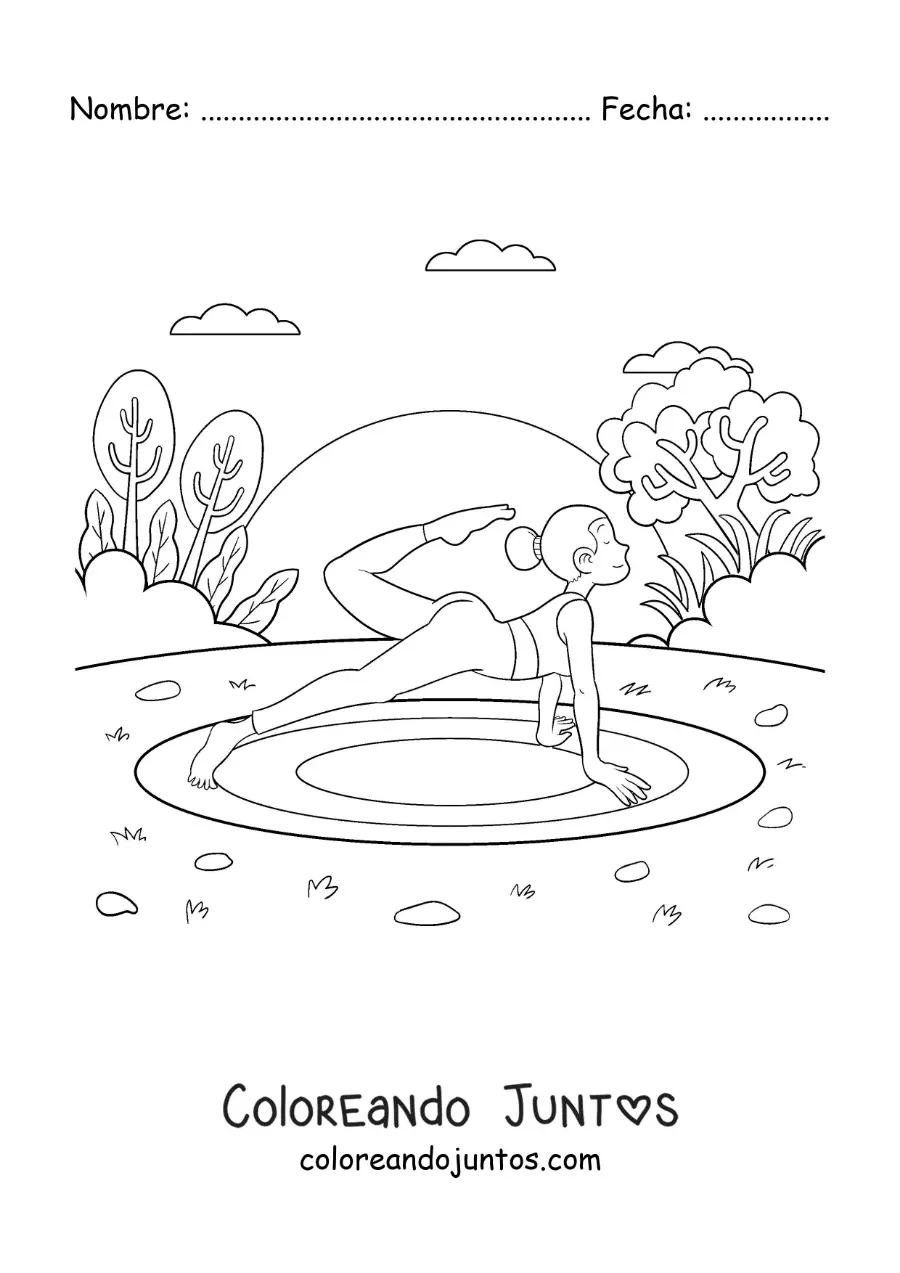Imagen para colorear de una mujer practicando yoga en el parque