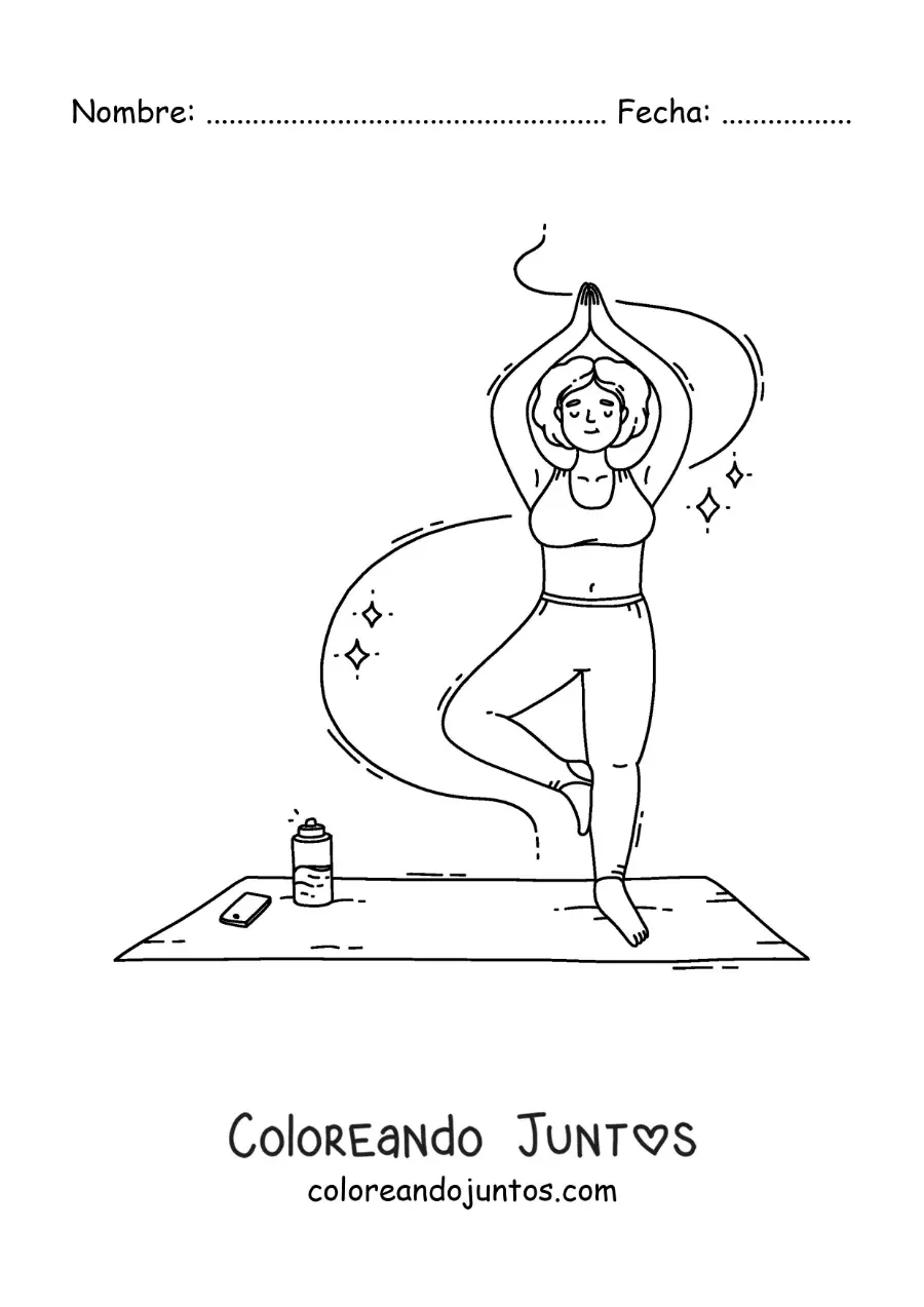 Imagen para colorear de una chica haciendo la postura del árbol junto a su teléfono y su agua