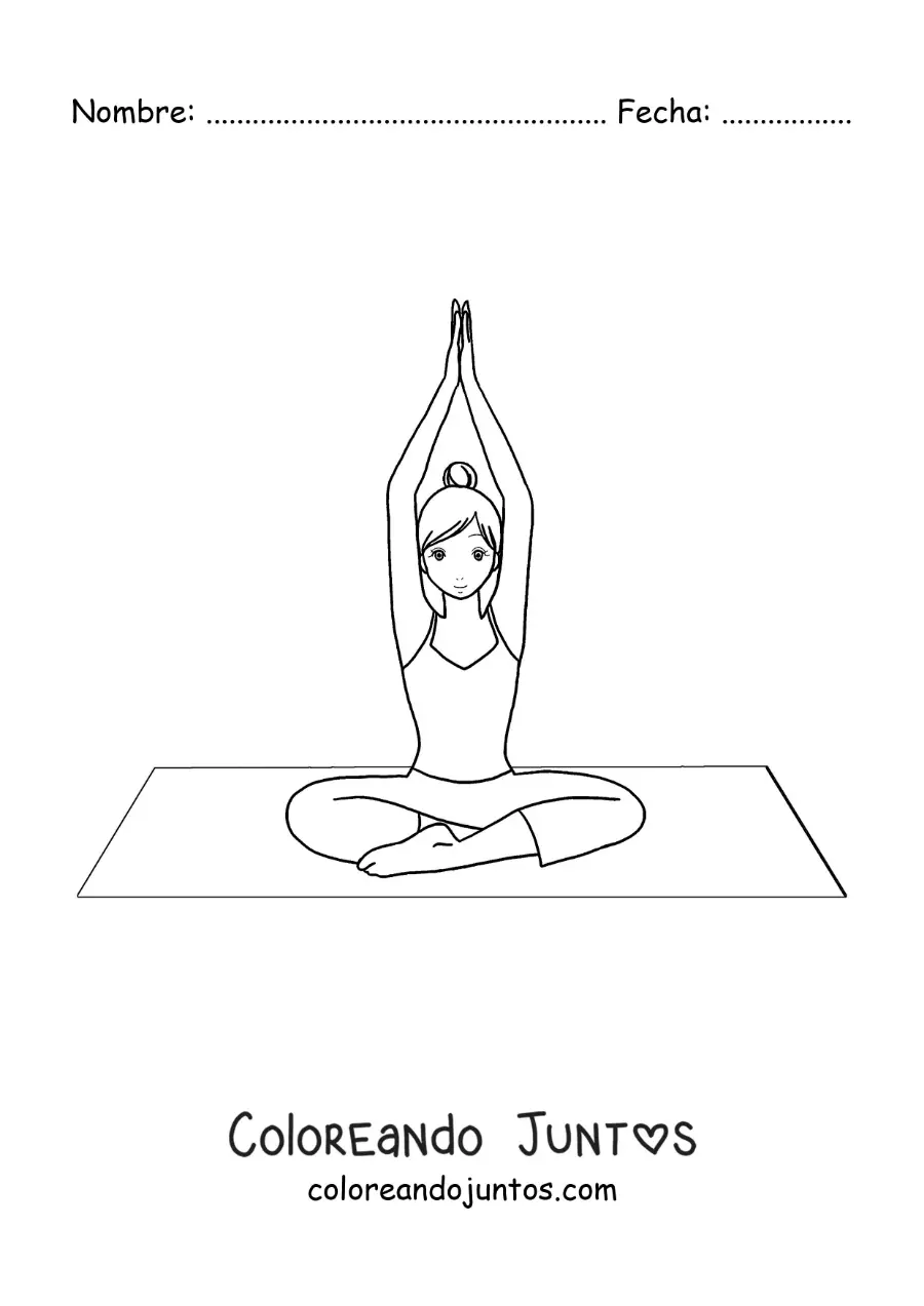 Imagen para colorear de una chica haciendo estiramientos en un mat de yoga