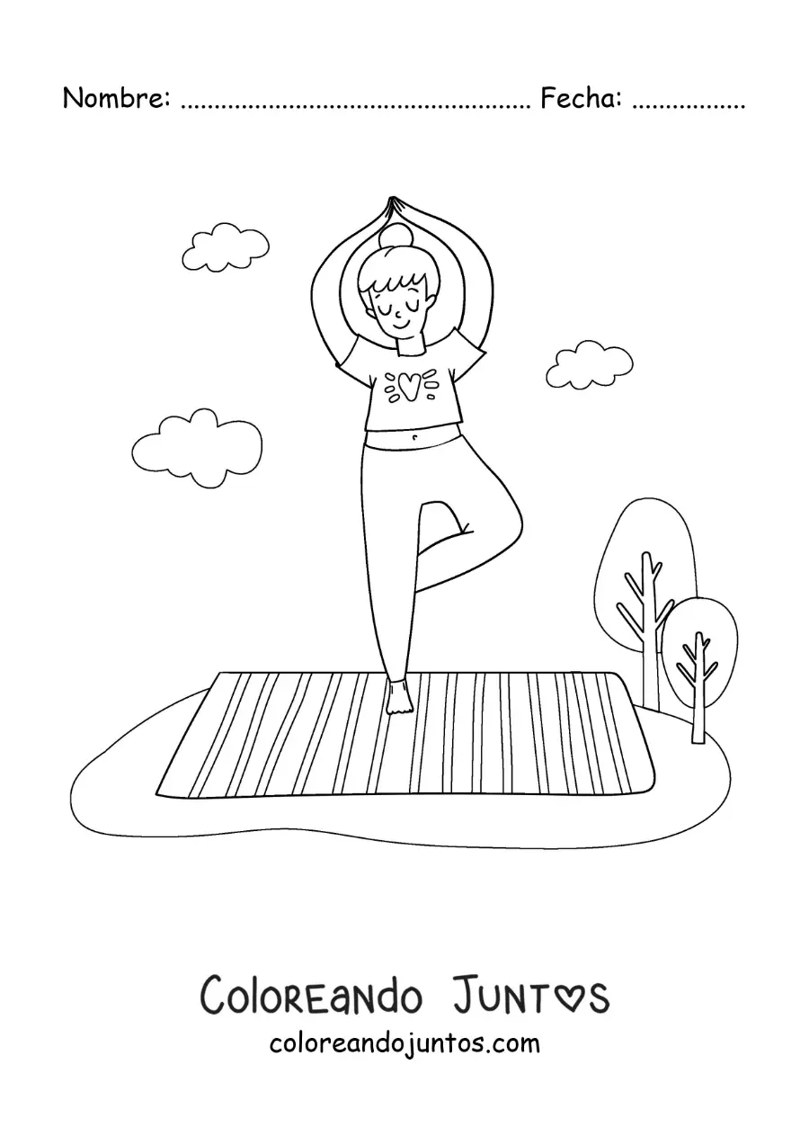 Imagen para colorear de una mujer haciendo la postura del árbol en un parque