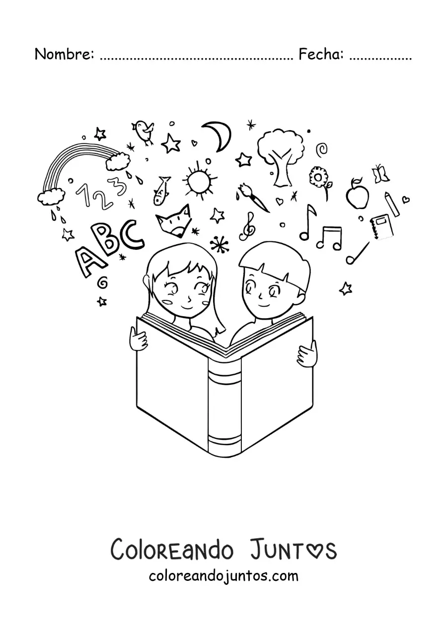 Imagen para colorear de dos niños leyendo un libro para aprender