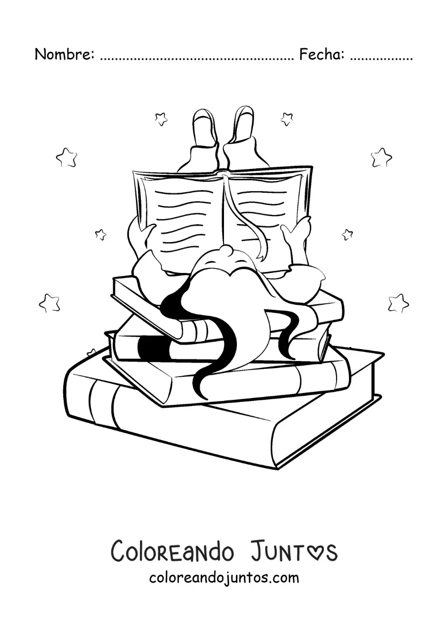 Imagen para colorear de una niña acostada sobre una pila de libros leyendo