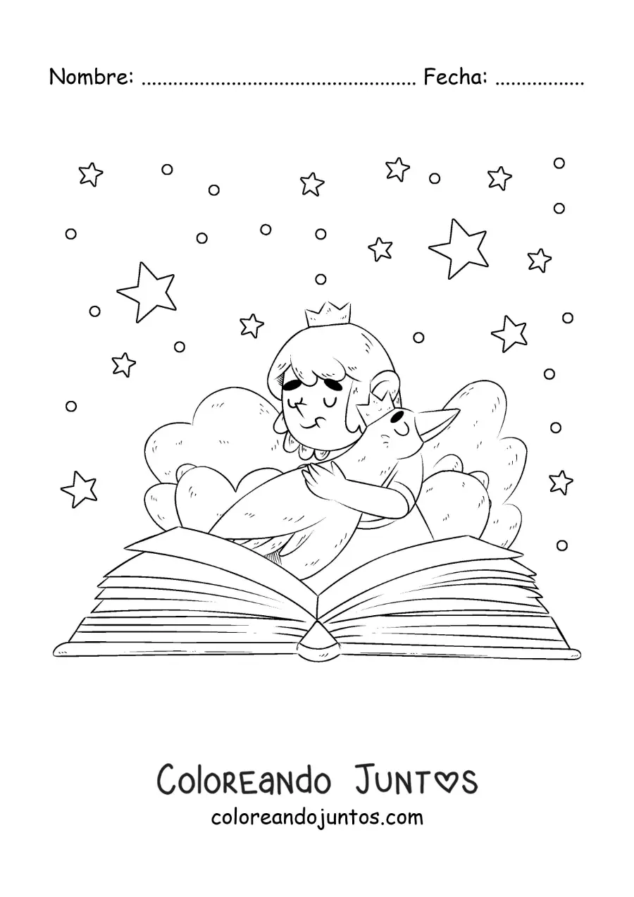 Imagen para colorear de una princesa abrazando a un ganso que sale de un libro abierto