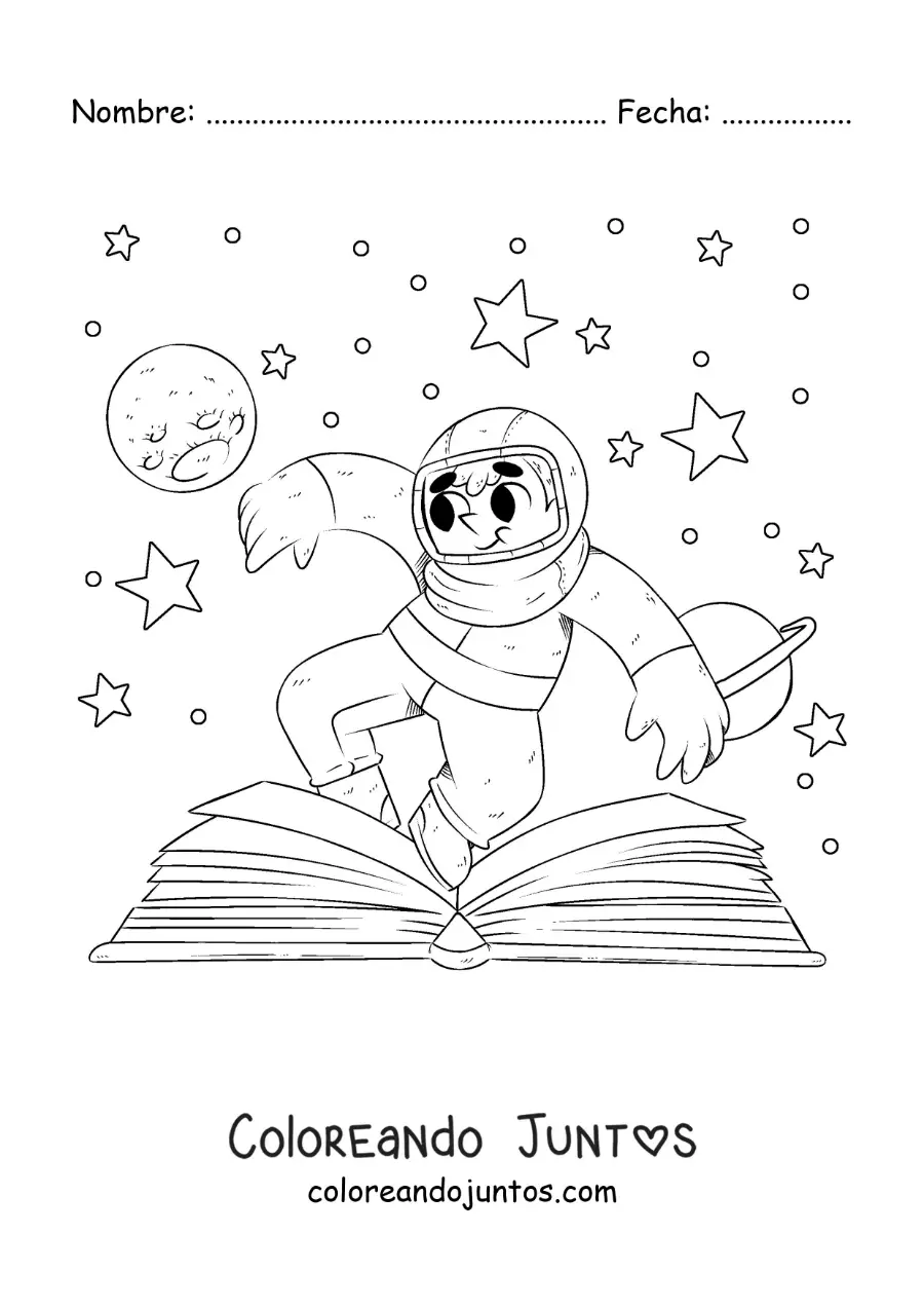 Imagen para colorear de un astronauta en el espacio que sale de un libro abierto