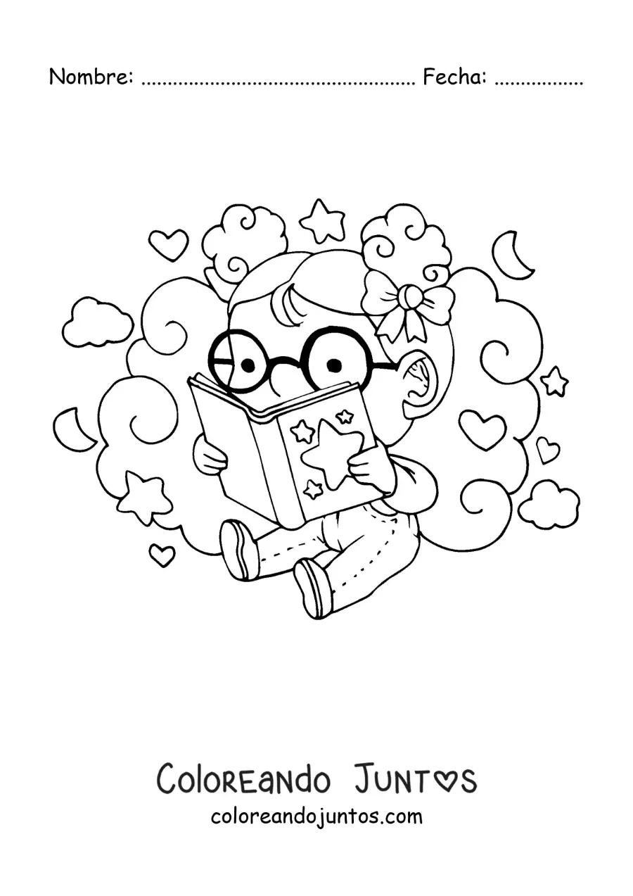Imagen para colorear de una niña con lentes sentada leyendo