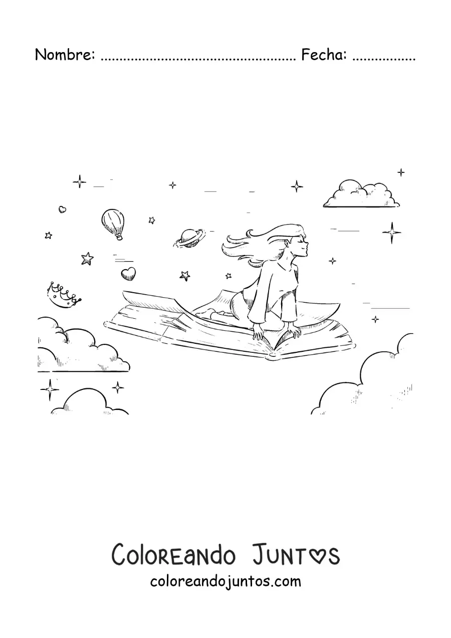 Imagen para colorear de una chica volando sentada sobre un libro abierto